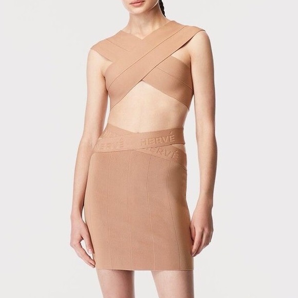 NWT Herve by Herve Leger Sun Beige Crop Top Skirt Set - Picture 1 of 3